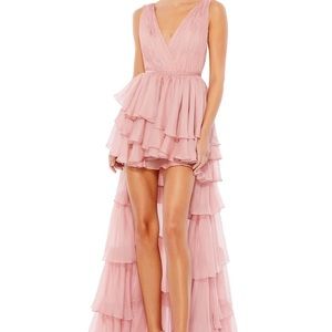 MAC DUGGAL Tiered Ruffle Chiffon High/Low Gown in Rose Pink Size US 6